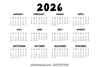 Vector classic calendar 2026 year template white isolated background. Horizontal calendar week starts Sunday. Yearly organizer. Simple calendar template in minimalist design.