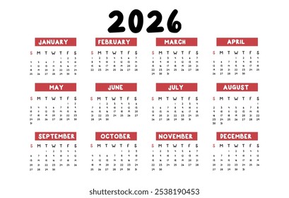 Vetor calendário clássico 2026 ano modelo branco isolado fundo. A semana do calendário horizontal começa domingo. Organizador anual. Modelo de calendário simples em design minimalista.
