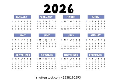 Vetor calendário clássico 2026 ano modelo branco isolado fundo. A semana do calendário horizontal começa domingo. Organizador anual. Modelo de calendário simples em design minimalista.
