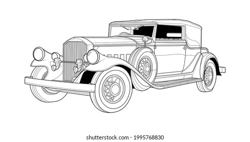 Vector classic car illustration coloring book page for adult drawing  Paper  outlines vehicle  Graphic element  Wheel  Black contour sketch illustrate Isolated white background 