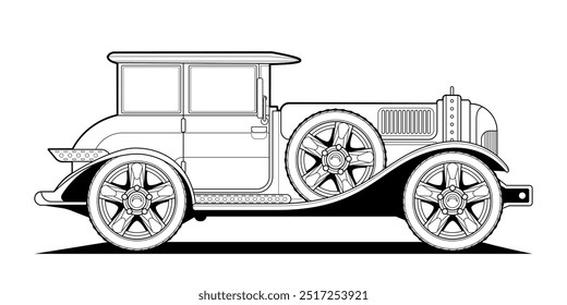 Vector classic car illustration coloring book page for adult drawing. Line art on paper, outlines vehicle. Graphic element. Wheel. Black contour sketch illustrate Isolated on white background.