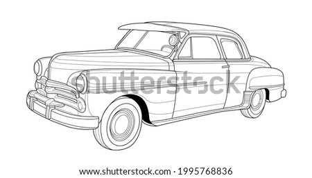 Vector classic car illustration coloring book page for adult drawing. Paper, outlines vehicle. Graphic element. Wheel. Black contour sketch illustrate Isolated on white background.