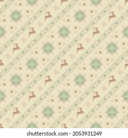 Vector classic christmas seamless pattern with stylized reindeers and snowflakes. Light ornate diagonal geometric background in scandinavian style for fabric, wrapping paper, packaging and wallpaper