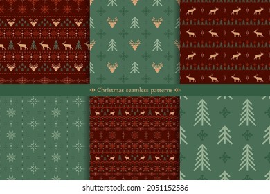 Vector classic christmas seamless patterns set with stylized reindeers, spruces and snowflakes. Collection of red and green traditional ornate geometric backgrounds in scandinavian style