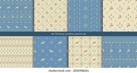 Vector classic christmas seamless patterns set with stylized reindeers, spruces and snowflakes. Collection of blue and light traditional ornate geometric winter backgrounds in scandinavian style