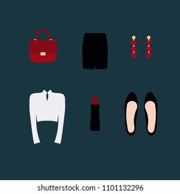 Vector classic collection clothing for women. Set with skirt, blouse, bag, shoes, earring and lipstick.