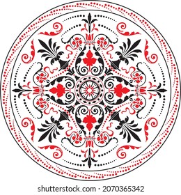 Vector classic colored round ornament. Red pattern in a circle. Drawing of Greece and Ancient Rome. Flower drawing
