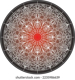 Vector classic colored round ornament. Red pattern in a circle. Drawing of Greece and Ancient Rome. Flower drawing.
