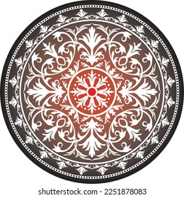 Ornamento redondo de color clásico vectorial. Patrón rojo en un círculo. Dibujo de Grecia y la Antigua Roma. Dibujo de flores.