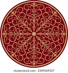 Vector classic colored round ornament. Red pattern in a circle. Drawing of Greece and Ancient Rome. Flower drawing.