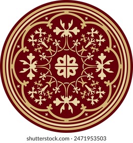 Vector classic colored round ornament. Red pattern in a circle. Drawing of Greece and Ancient Rome. Flower drawing.