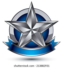 Vector classic emblem isolated on white background. Aristocratic badge with pentagonal silver star and blue and gray ribbon clear EPS 8.