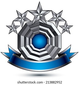 Vector classic emblem isolated on white background. Aristocratic badge with five silver stars and blue and gray ribbon clear EPS 8.