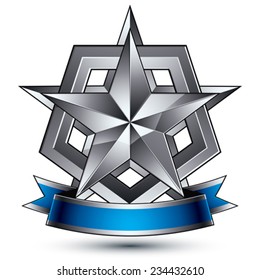 Vector classic emblem isolated on white background. Aristocratic badge with silver star placed on a shield. Blue and gray ribbon clear EPS 8.