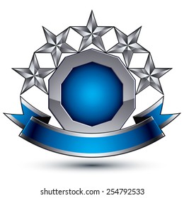 Vector classic emblem isolated on white background. Aristocratic badge with five silver stars and blue and gray ribbon clear EPS 8.