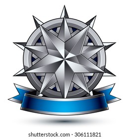 Vector classic emblem isolated on white background. Aristocratic badge with silver star and blue and gray ribbon clear EPS8.