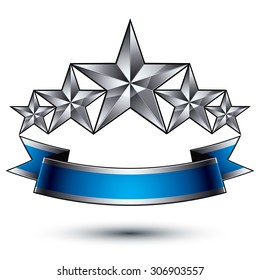Vector classic emblem isolated on white background. Aristocratic badge with five silver stars and blue and gray ribbon clear EPS 8.