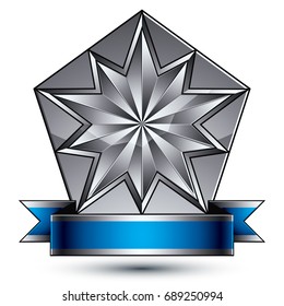 Vector classic emblem isolated on white background. Aristocratic badge with complicated silver star placed on a shield. Blue and gray ribbon clear EPS 8.