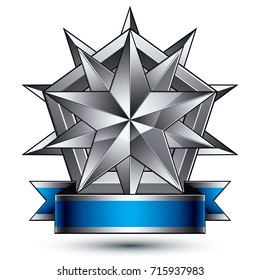 Vector classic emblem isolated on white background. Aristocratic badge with silver star placed on a shield. Blue and gray ribbon clear EPS 8.