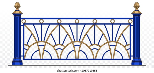 Vector Classic Iron Railing With Metal Pillars. Art Deco. Blue Handrails With Gold Decor. Balcony. Terrace. Urban Design. Luxury Modern Architecture. Palace. Wrought Iron Fence. Blacksmith. Template.