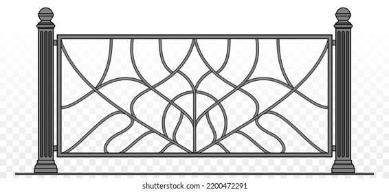 Vector Classic Iron Railing With Metal Pillars. Art Deco Handrails. Balcony Decor. Terrace. Urban Design. Luxury Modern Architecture. Palace. Wrought Iron Fence. Blacksmith. Template.