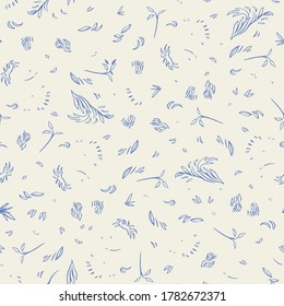 Vector classic line art ditsy floral seamless pattern with hand drawn historic florals on cream colored background. Nature background. Surface pattern design.