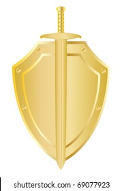 Vector classic medieval sword located behind the golden shield