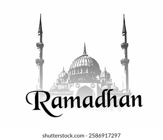 A vector of a classic mosque with tall minarets. The elegant "Ramadhan" text enhances its Islamic feel, perfect for Ramadan-themed designs.