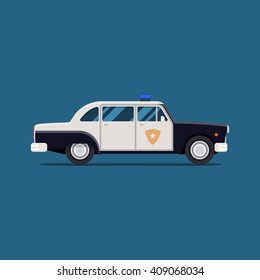 Vector Classic Police Car. Side view. Modern flat style illustration. Icon