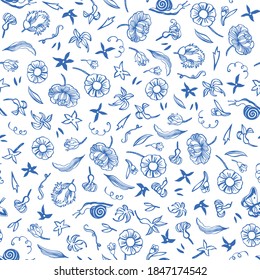 Vector classic porcelain blue hand drawn elegant floral pattern. Seamless royal design with line art flowers, butterfly and snail on white background. Nature background. Surface pattern design.