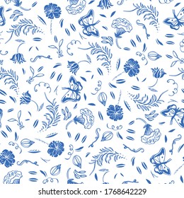 Vector classic porcelain blue royal hand drawn elegant floral seamless pattern with line art and cutout florals on white background. Nature background. Surface pattern design.