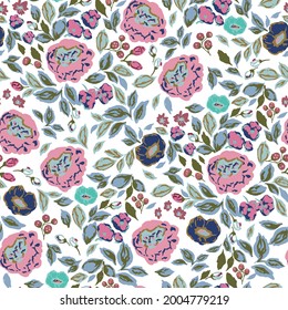 Vector classic and retro rose, flowers botanical illustration motif seamless repeat pattern digital file artwork home decor print or fashion fabric