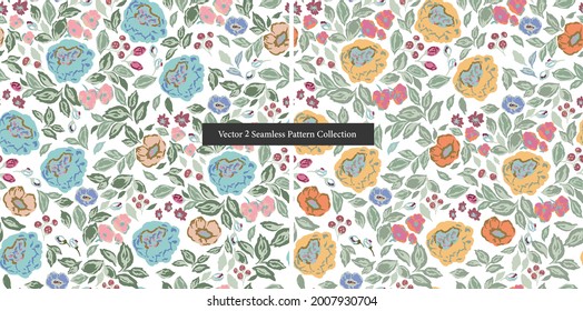Roda vectorial clásica y retro, flores motivos de ilustración botánica para una colección de patrones repetidos sin fisuras conjunto de 2 formas de color de la imagen digital de archivo decoración del hogar tela de impresión o moda