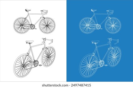 Vector classic Road bike bicycle side view line drawing blueprint in transparent background