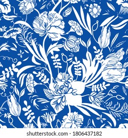 Vector Classic Royal Porcelain Blue Royal Hand Drawn Elegant Floral Seamless Pattern With Line Art And Cutout Florals On Blue Background. Nature Background. Surface Pattern Design.