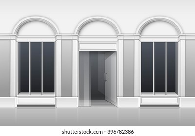 Vector Classic Shop Boutique Building Store Front with Glass Windows Showcase, Open Door and Place for Name Isolated on White Background
