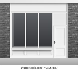 Vector Classic Shop Boutique Building Store Front with Glass Windows Showcase, Closed Door and Place for Name Isolated on White Background