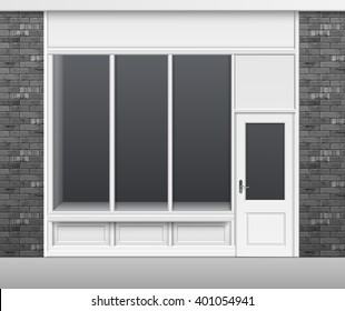 Vector Classic Shop Boutique Building Store Front with Glass Windows Showcase, Closed Door and Place for Name Isolated on White Background