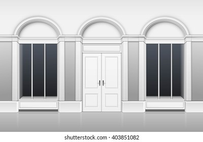 Vector Classic Shop Boutique Building Store Front with Glass Windows Showcase, Closed Door and Place for Name Isolated on White Background
