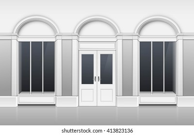 Vector Classic Shop Boutique Building Store Front with Glass Windows Showcase, Closed Door and Place for Name Isolated on White Background