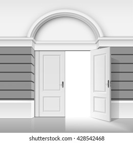 Vector Classic Shop Museum Boutique Building Store Front with Open Front Door and Place for Name Isolated on White Background