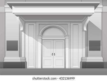 Vector Classic Shop Museum Boutique Building Store Front With Closed Front Door, Columns, Roof  Visor And Place For Name Isolated On White Background