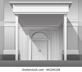 Vector Classic Shop Museum Boutique Building Store Front with Closed Front Door, Columns, Roof  Visor and Place for Name Isolated on White Background