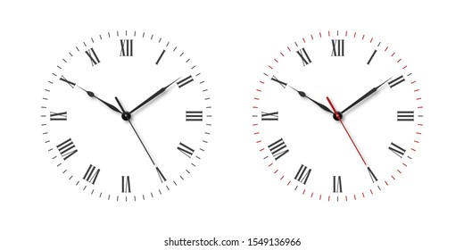 Vector Classic Simple Wall Clock or Watch Dial with Roman Numbers Set Isolated on White Background. Design Template. Front View