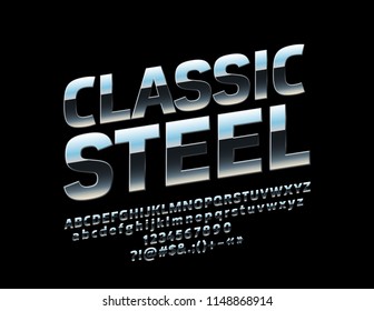 Vector Classic Steel Font. Letras, números y símbolos elegantes de alfabeto plateado