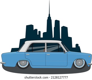 auto clásico soviético azul en el fondo de la ciudad