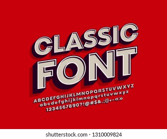 Fuente vintage clásica vectorial. Letras de Alfabeto 3D de estilo retro, números y símbolos.