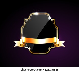 Vector classic vintage style glossy black frame with shiny golden ribbon