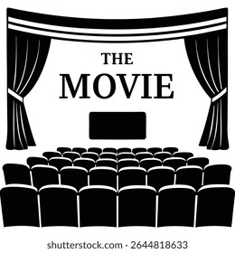 A vector of a classic vintage theatre room showcasing curtains, rows of seating, and the words THE MOVIE against a transparent backdrop, perfect for various projects.