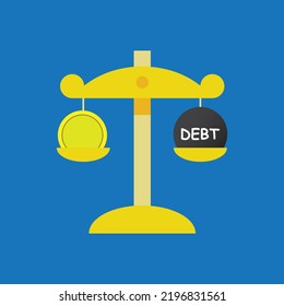 A Vector Of Classic Weighing Scale With Gold Coin And Debt Stone Insight. Debt Service Ratio Coverage Concept.